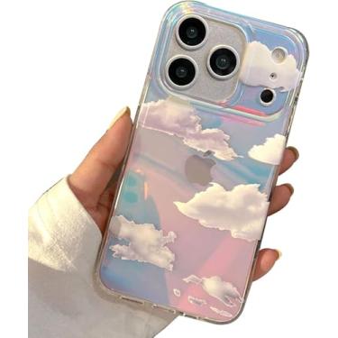 Imagem de I-MGAE-IN-AR Capa compacta para iPhone 17 Pro com design holográfico de nuvem, linda e moderna, macia, fina, TPU à prova de choque, capa protetora para celular para mulheres e meninas, brilho estético