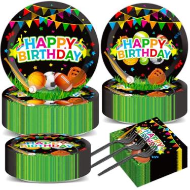Imagem de Kit de pratos e guardanapos para festa de feliz aniversário, 200 peças, artigos de mesa com tema esportivo, futebol e basquete, suprimentos de festa para chá de bebê, esportes, atividades de jogos e
