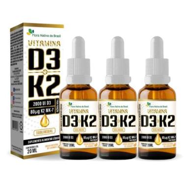 Imagem de Kit 3 Vitamina D3 2000Ui com K2 80mg Sublingual Gotas 20ml Flora Nativ