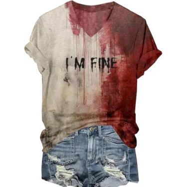 Imagem de Camiseta TOTWOW I'm Fine Blood Halloween com decote em V Bloody