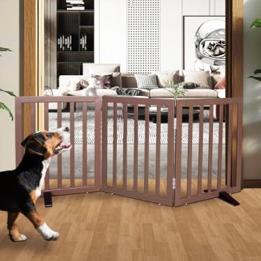 Imagem de SFJC Portão interno para cães, cerca independente para casa, portas, corredores ou escadas, portão para animais de estimação dobrável de madeira, expansível 61 cm de altura, 3 painéis, marrom