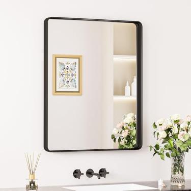 Imagem de Keonjinn Espelho preto para pia de banheiro, espelhos de parede de alumínio com acabamento jateado de 61 x 76 cm, espelho retangular preto fosco com vidro temperado HD inquebrável, moldura de metal