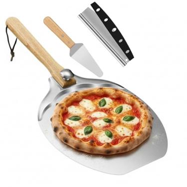 Imagem de Pegador de pizza de alumínio, 30 x 35 cm, cortador de pizzas, cabo de madeira destacável, espátula de metal para assar pizza, massa, pão, pastelaria em fornos internos e externos, presente de Natal