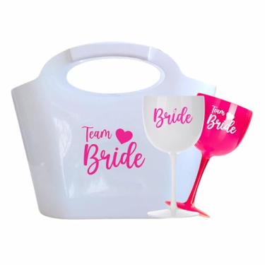 Imagem de Kit 15 Taças Gin Vodka 580ml Acrílica - Personalizadas Chá de lingerie despedida de solteira madrinhas Bride Noiva - Aloha (Bolsa Branca/Taças Rosa -BRIDE)