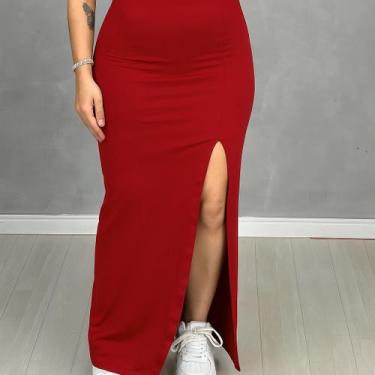 Imagem de Saia Feminina Midi Com Fenda Lateral Cintura Alta Plus Size - NoBrand,