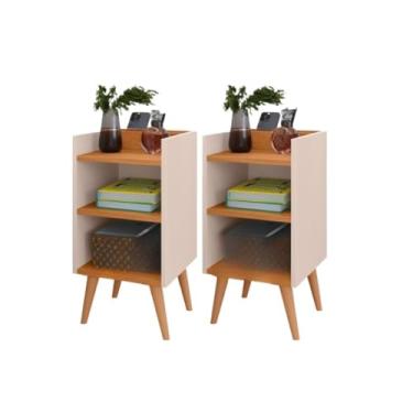 Imagem de Kit 2 Criados-Mudos Compactos com Porta-Celular e Pés Retrô – Mesa Lateral Moderna 57x30x26cm(KIT MAX OFF/)