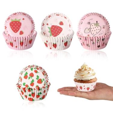 Imagem de 100un Morango Cupcake Forminhas, Doce Morango Temático Cupcake Forminhas com Caixa de Armazenamento Transparente de PVC para Muffins Lanches e Sobremesas Embalagens Decorações