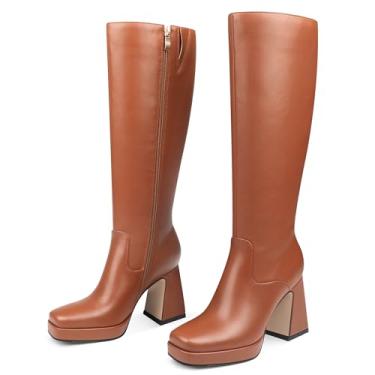 Imagem de COLETER Botas femininas na altura do joelho, bico quadrado, salto grosso, plataforma, botas longas, com zíper lateral, moda de inverno, botas Gogo, Marrom, 39