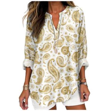 Imagem de Blusa feminina MARSVOVO amarela com estampa Paisley, tamanho grande, 2