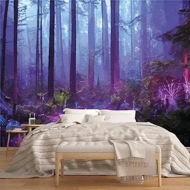 Imagem de Papel de parede de lona moderno 3D mural cena de fantasia floresta brilhante azul roxo violeta luzes néon cena de névoa destacar e colar adesivos de parede autoadesivos removíveis para sala de estar