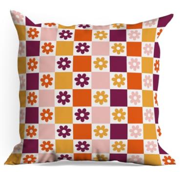 Imagem de Capas de almofada xadrez retrô com flores, pacote com 18 x 18, capas de almofada quadriculadas para sala de estar, casa de fazenda, quarto, sofá-cama, assento de carro, decoração de cadeira, almofadas