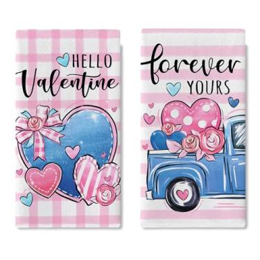 Imagem de Conjunto de 2 panos de prato Hello Forever Yours Kitchen, azul, rosa, coração, caminhão, xadrez, listras, toalhas de mão, pano, pano, cozinha, aniversário, decoração de cozinha, 45 x 66 cm