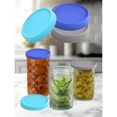 Imagem de Pacote com 3 tampas para conservas com boca larga de 86 mm em azul, cinza, azul claro com vedações de silicone - tampas de conserva de plástico para potes de vidro