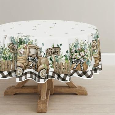 Imagem de Horaldaily Toalha de mesa redonda de 228 cm x 236 cm, cerca de eucalipto, algodão, caminhão, lavável, capa de mesa sazonal para decoração de festa, piquenique, jantar