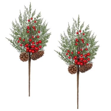 Imagem de Oairse 2 ramos de pinheiro artificial de Natal de 53,8 cm, hastes de pinheiro de cedro, palitos de verdura de Natal com bagas vermelhas e pinhas em spray, galhos de árvore de Natal para vaso de Natal