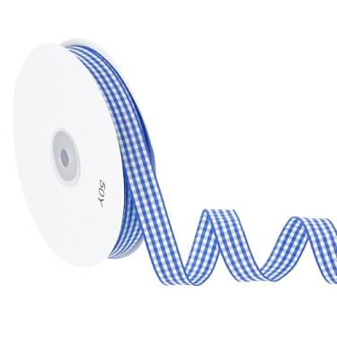 Imagem de PATIKIL Fita guingão de 50 jardas x 1,5 cm, fita xadrez de nylon quadriculada para presente para grinalda de laço de ação de graças, artesanato, aniversário, casamento, safira azul