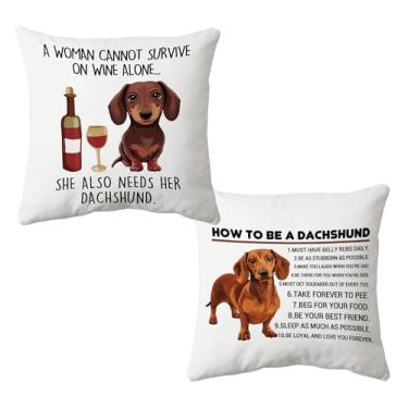 Imagem de huester Conjunto de 2 capas de almofada de vinho Dachshund engraçadas 45,7 x 45,7 cm, presentes para mulheres, presentes para amantes de vinho, fronhas decorativas para decoração de casa, bar, sala de