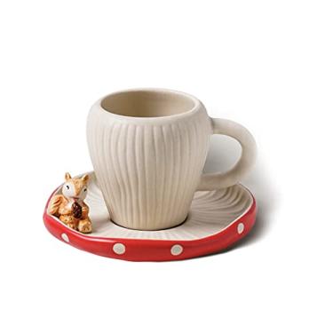 Imagem de RESVUGA Caneca fofa de cogumelo com pires, bolinhas esmaltadas feitas à mão, com decoração de esquilo no prato. Copos de café de cerâmica mate de segurança, xícara de chá de desenho animado de 325 ml