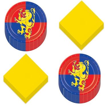 Imagem de HOME & HOOPLA Pratos de sobremesa e guardanapos de bebidas de papel de dragão medieval Knight Party (serve 16)