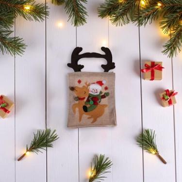 Imagem de 1 bolsa de Natal para presentes, bolsa de chifre, boneco de neve, montando rena, linho, marrom, 19 x 16 cm