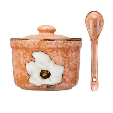 Imagem de Soyestan Açucareiro de cerâmica feito à mão com tampa e colher, pote de condimento de porcelana de 255 g com design floral pintado à mão, recipiente de tempero colorido para açúcar, sal, especiarias