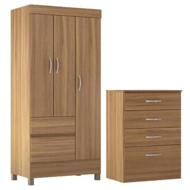 Imagem de Kit Guarda Roupa Solteiro 3 Portas Wind Cômoda Astral Amêndola Touch