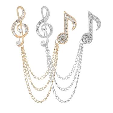 Imagem de Dreuyet 2 peças de broche de notas musicais para homens mulheres ouro prata microfone nota musical broche crachá correntes penduradas colarinho broches para terno de carreira smoking de camisas