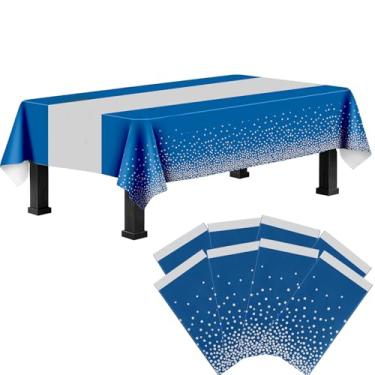 Imagem de Ammbeetty Toalha de mesa retangular de plástico, 8 unidades de toalha de mesa descartável azul e prata retangular para Natal, formatura, aniversário, chá de bebê, decoração de festa de aniversário