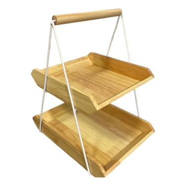 Imagem de Bothyi Fruteira de Madeira de Dois Andares com Alça, Grande Capacidade, Ideal para Presentear, Servir Ou Petiscos em Casa, em Festas E Eventos, Castanho claro S