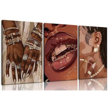 Imagem de 3 peças emolduradas modernas mulheres negras arte de parede pulseiras brincos colares dentes dourados decoração de parede fotos mulher afro-americana pôsteres impressões para quarto de menina