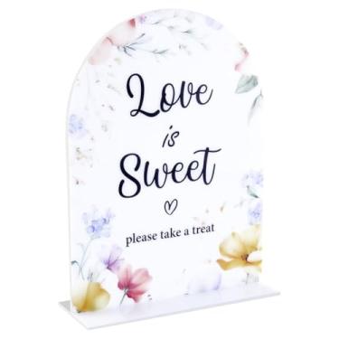 Imagem de CRASPIRE Sinais de mesa de arco de acrílico para casamento com suporte Love Is Sweet Holder 19 x 15 cm para cartões, cerimônia, recepção, noivado, chá de panela, presentes de aniversário, decoração