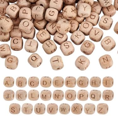 Imagem de PH PandaHall 104 contas de madeira do alfabeto, contas planas redondas de 10 mm, contas planas de madeira natural com orifício de 3 ~ 3,5 mm, contas soltas de madeira com letra inicial para artesanato
