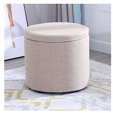 Imagem de Banqueta otomana redonda de linho banquinho de armazenamento funcional banco de pés banco de armazenamento cubo caixa de armazenamento assento estofado tampa removível (cor: cor lisa, tamanho: pequeno