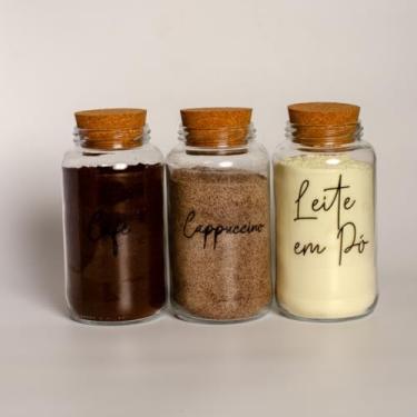Imagem de Pote de armazenamento cafe Kit Cantinho do Café - ESCOLHA SEU KIT - Potes de Vidro 830 ml com Tampa de Cortiça(Café - Capucc. - Leite em pó)