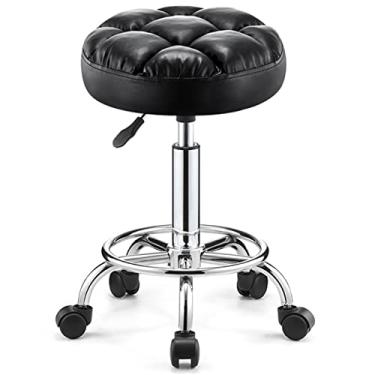 Imagem de BSNANCA Banqueta preta giratória redonda com almofada de assento ajustável em altura com apoio para os pés e rodas PP para salões de beleza, escritório, clínica