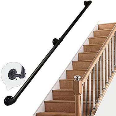 Imagem de Corrimão de escada - kit completo, corrimão de tubo preto industrial de escada com suporte de montagem na parede, casa contra a parede, grades internas e externas para idosos (tamanho: 300 cm)