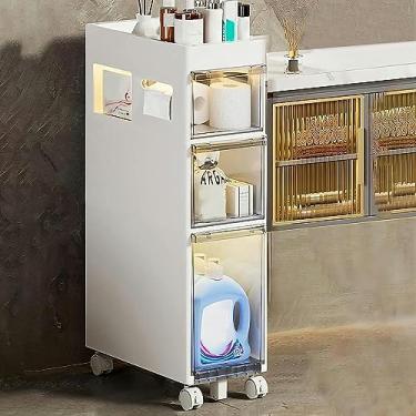 Imagem de LWJYMXBD Armário de armazenamento de banheiro pequeno de 23 cm L, armário de piso de banheiro estreito de 4 níveis grande capacidade com gavetas e rodízios de plástico armário de armazenamento de