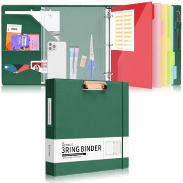 Imagem de Eyrozill Pasta profissional de fichário de couro verde, 21 x 28 cm com 5 divisórias de plástico, anéis redondos de 5 cm, prancheta e bolsa com zíper