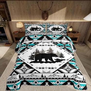 Imagem de Feelyou Jogo de cama queen com urso, urso, animal, cabana, oeste, para quarto de crianças, meninos e meninas, decoração asteca do sudoeste, preto e verde, microfibra ultramacia, respirável