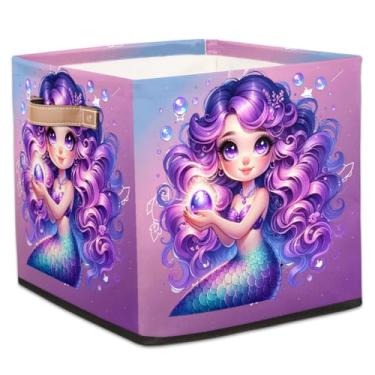 Imagem de hongjinglin Cestos dobráveis de armazenamento de cubo roxo sereia dos sonhos caixotes dobráveis brinquedo infantil com alças organizador de armazenamento de tecido cesto para berçário, sala de estar