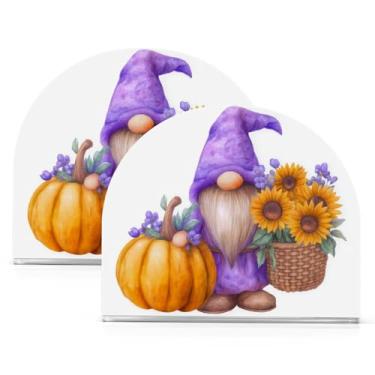 Imagem de ATTX Pacote com 2 porta-guardanapos de acrílico de Ação de Graças com design de abóboras girassóis e gnomos - Organizador decorativo de mesa para cozinha, restaurante, decoração de férias de casa #441