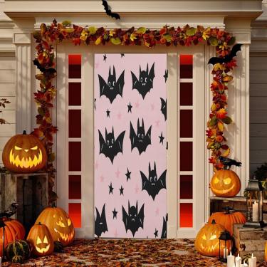 Imagem de ATTX Capa de porta da frente de morcegos de Halloween - Decoração de férias de tecido elástico lavável para festas, casa, decoração de porta da frente, 35 x 79 polegadas (415)