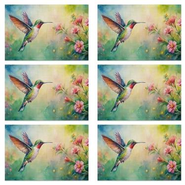 Imagem de Conjunto de 6 jogos americanos de mesa, tecido de linho impermeável, suporte antiderrapante e fácil de limpar, protetores de mesa de jantar elegantes para família e convidados (flores de beija-flor