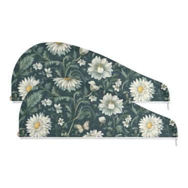 Imagem de SEHANY Toalha de cabelo de microfibra de flores coloridas elegantes para mulheres, 2 peças, turbantes de cabelo de secagem rápida com botão, touca de cabelo seco absorvente toalha de secagem de cabelo