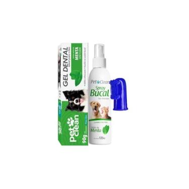 Imagem de Pet Clean Kit Higiene Bucal para Cães e Gatos: Gel Dental 90g + Spray Bucal Menta 120ml + Escova Dedeira Combate Mau Hálito e Tártaro - Menta