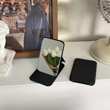 Imagem de Espelho de maquiagem dobrável, espelho portátil de couro PU com suporte ajustável, espelho de bolso ultrafino compacto para presentes de mesa de toucador - preto