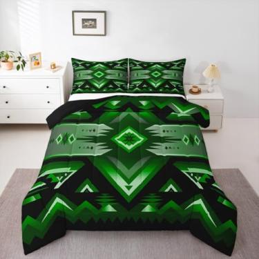 Imagem de jejeloiu Conjunto de edredom boêmio asteca, solteiro, estilo exótico, faroeste, estilo exótico, verde, tribal, nativo americano, para decoração de quarto