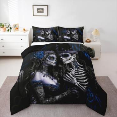 Imagem de Jogo de cama casal de caveira de açúcar, vintage, gótico, retrô, esqueleto gótico, para homens, decoração antiga vitoriana, colcha exótica, osso assustador, rosa, floral, decoração de quarto estética