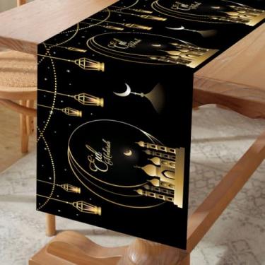Imagem de Caminho de mesa Eid Mubarak, decorações pretas Ramadan Kareem com padrão de castelo de 4 luas, corredores de mesa de jantar de cozinha para decoração de feliz feriado islâmico e suprimentos de festa