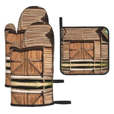 Imagem de Porta de celeiro – Conjunto de cozinha essencial com 3 peças, luvas resistentes ao calor e alça de tampa, proteção para churrasco no forno, design de armazenamento suspenso.